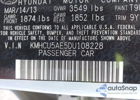 2013 Hyundai Accent Se from USA, damaged, VIN KMHCU5AE5DU108228